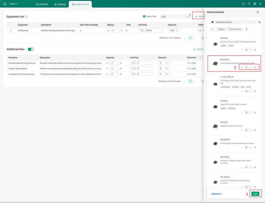 Shows the table to add accessories.