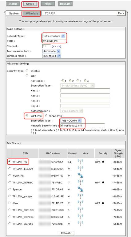 Setup-Wireless page.
