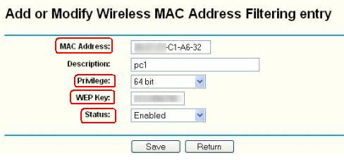 Modify Wireless MAC Address Filtering entry.