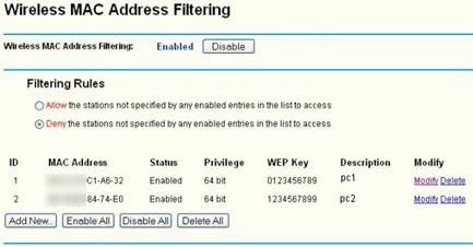 Wireless MAC Address Filtering page.