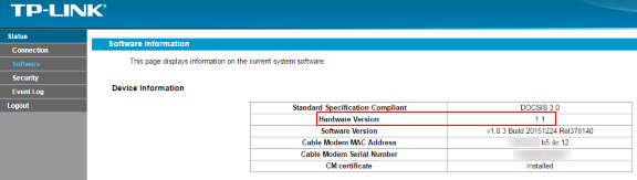 Cable Modem Device Information page.