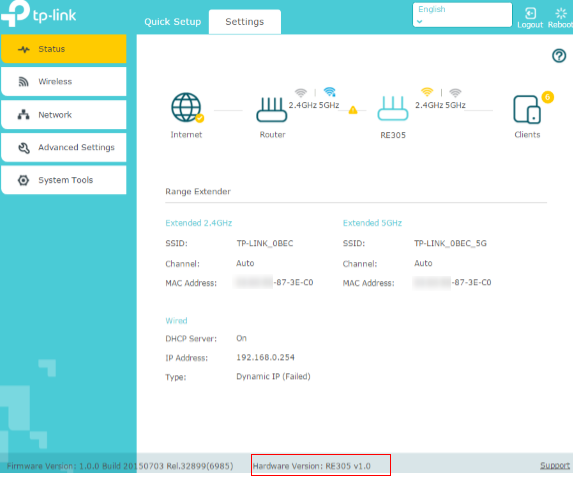 RE305 Settings page.