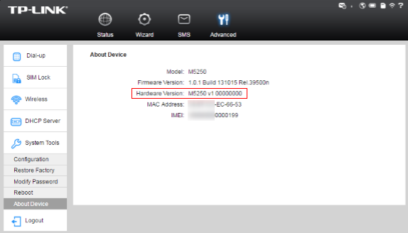 M5250 About Device page.
