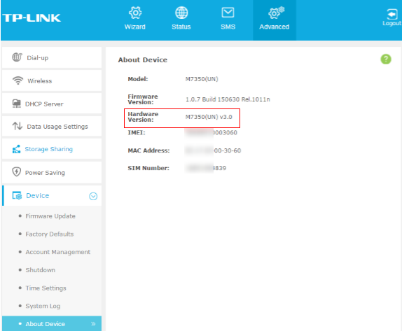 M7350 About Device page.