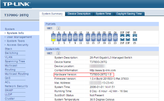 T3700G-28TQ System Info page.