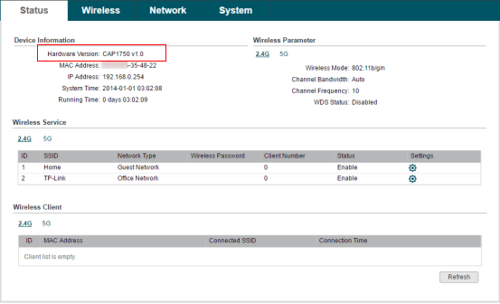 CAP1750 Status page.