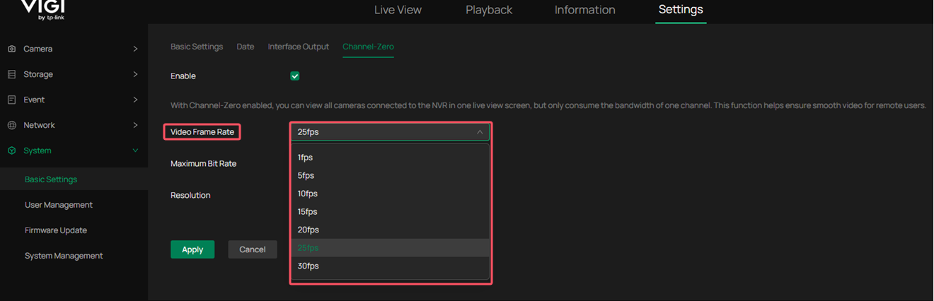 Alt text: Location to choose video frame rate.