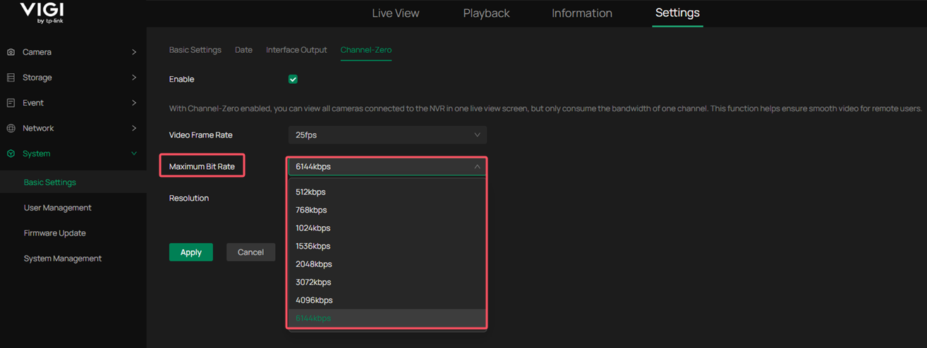 Alt text: Location to choose the maximum bit rate.
