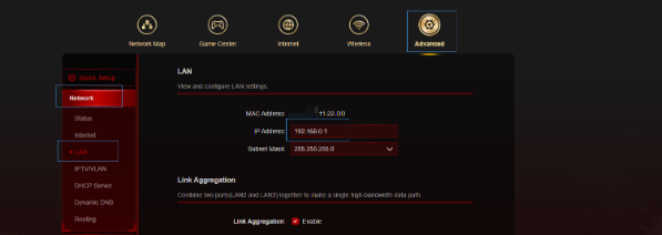 LAN page of gaming router UI.