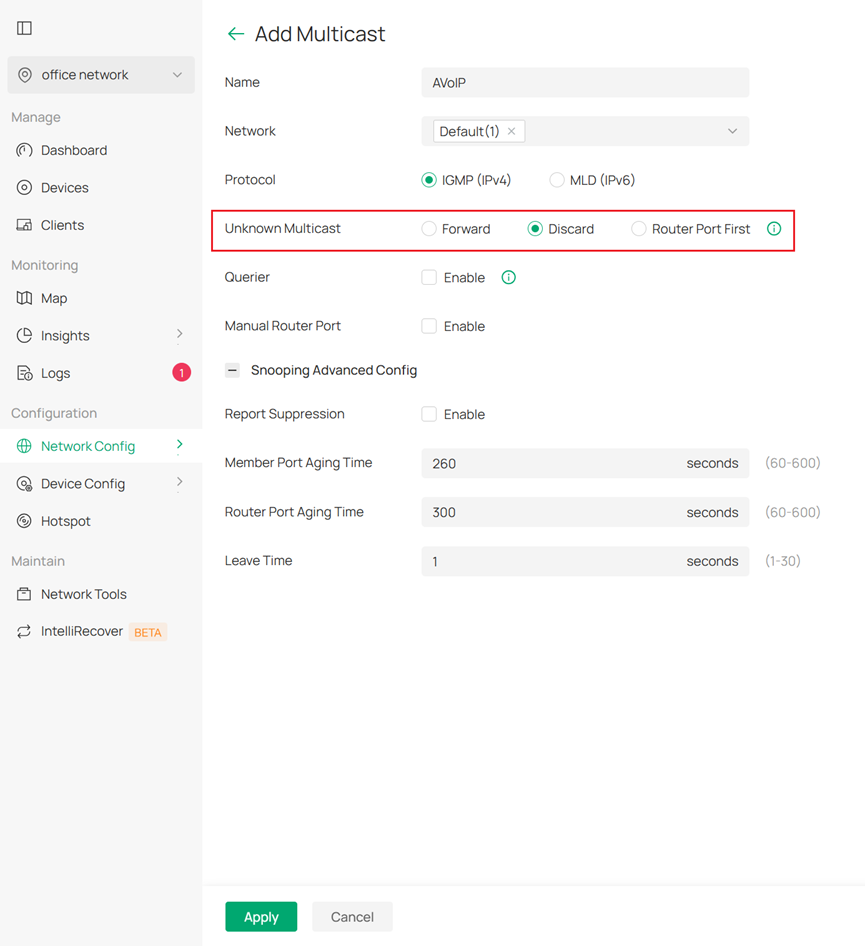 Config unknown multicast settings.