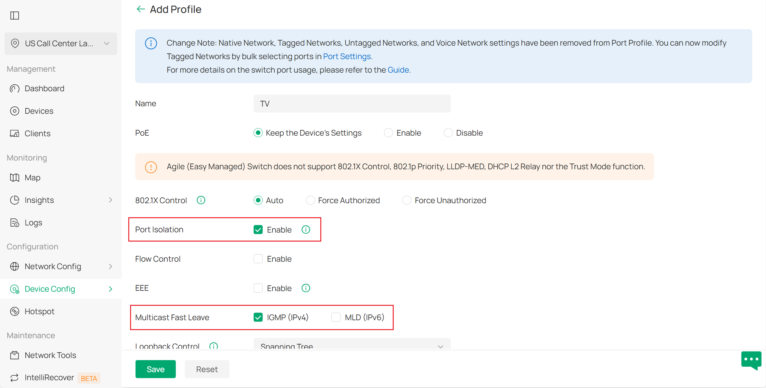 Showing where to configure fast leave and port isolation.