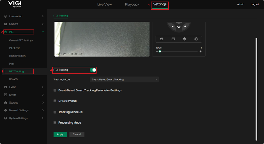 Show the position of PTZ Traking configurations.