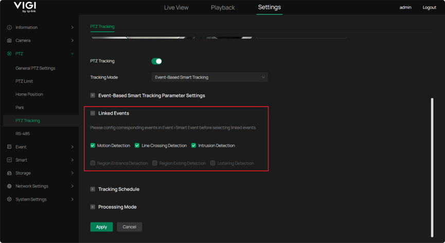 Show the position of Link Events configuration.
