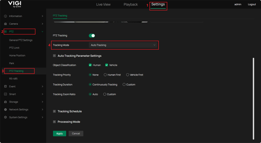 Show the position of PTZ Tracking configuration.