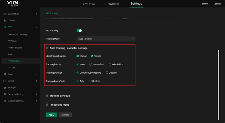 Show the position of Auto Tracking Parameter Settings.