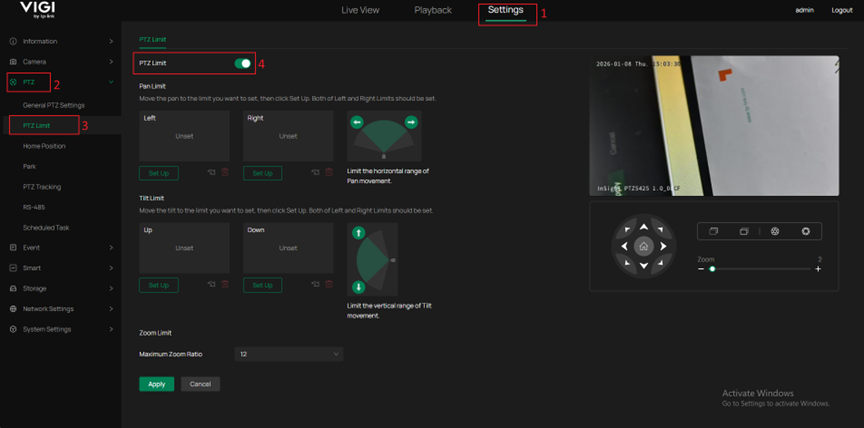 Show the position of the PTZ limit in the IPC web UI.