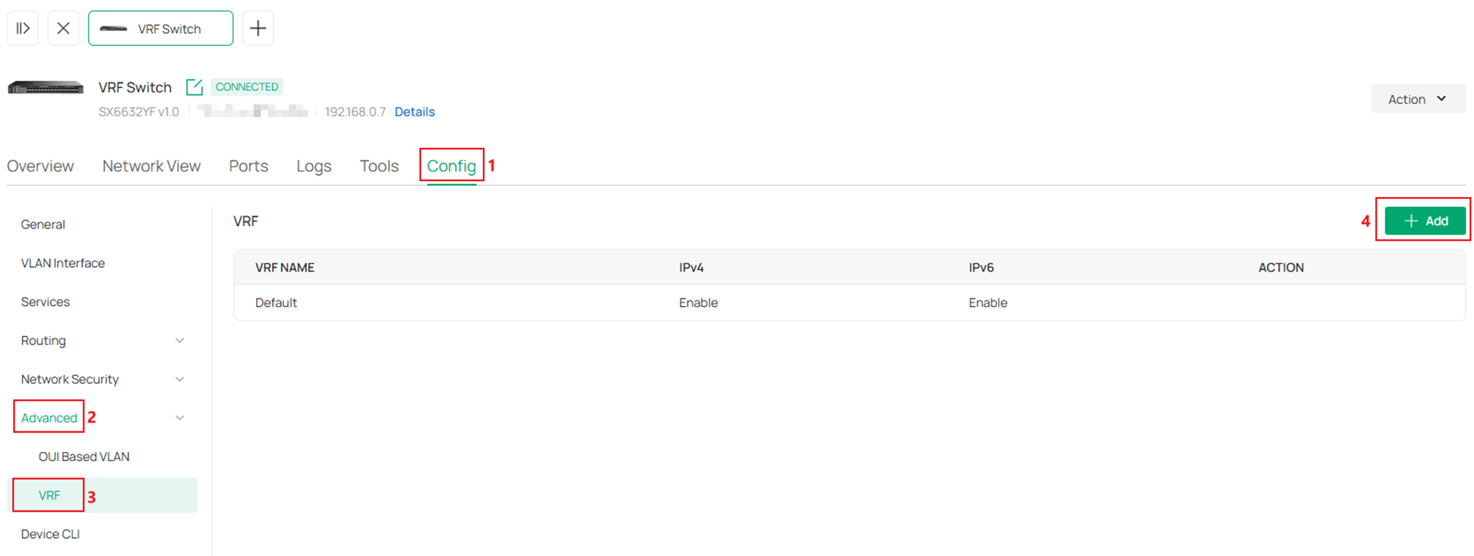 Show the process of entering switch VRF configuration page.