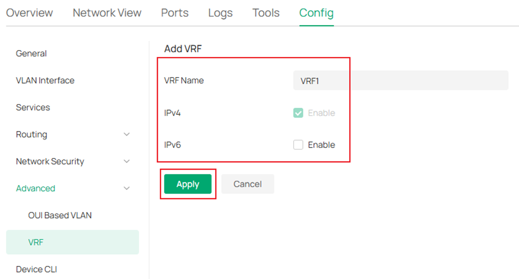 Show the process of creating a VRF instance on the switch.