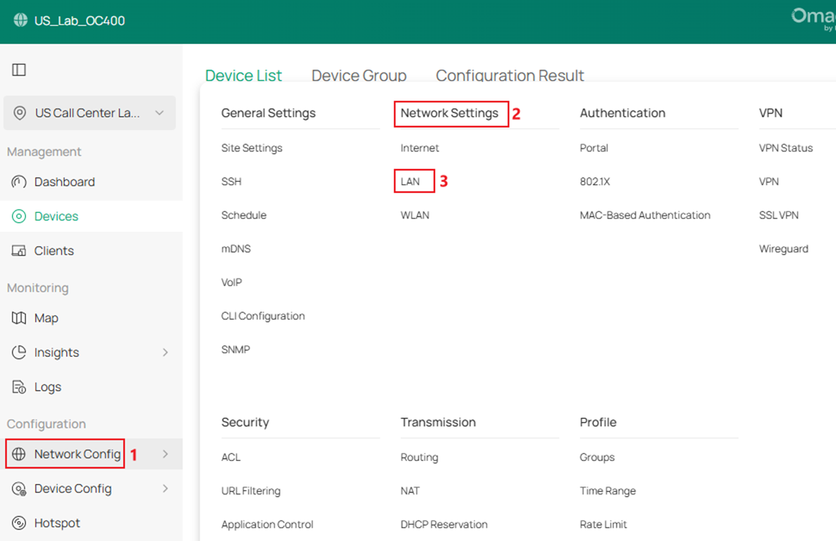 Show process of entering the LAN configuration page.