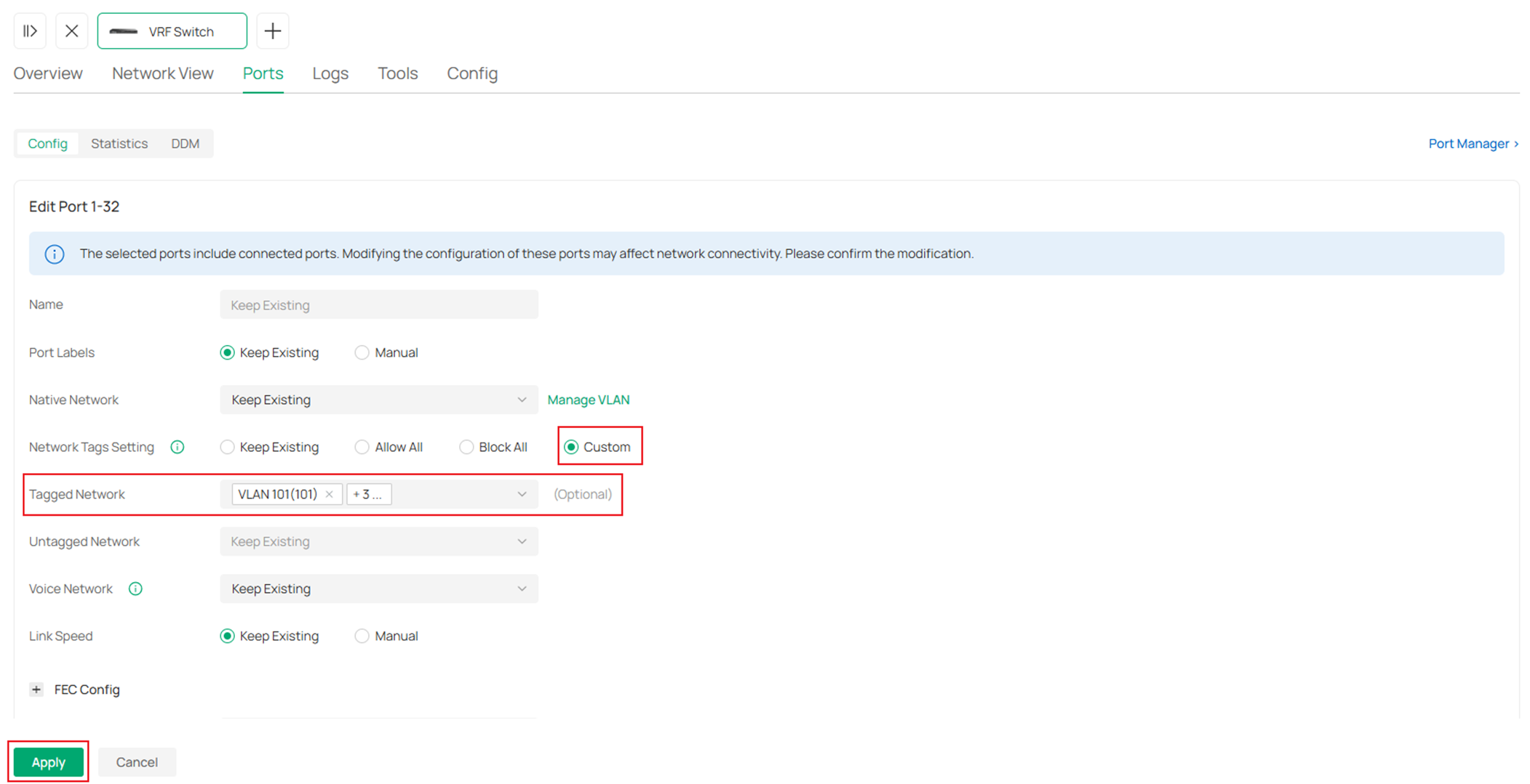 Show the switch port VLAN status configuration page.