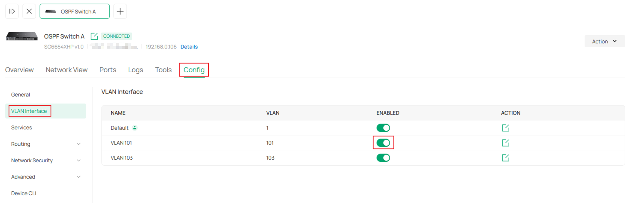 Show the switch VLAN interface configuration page.