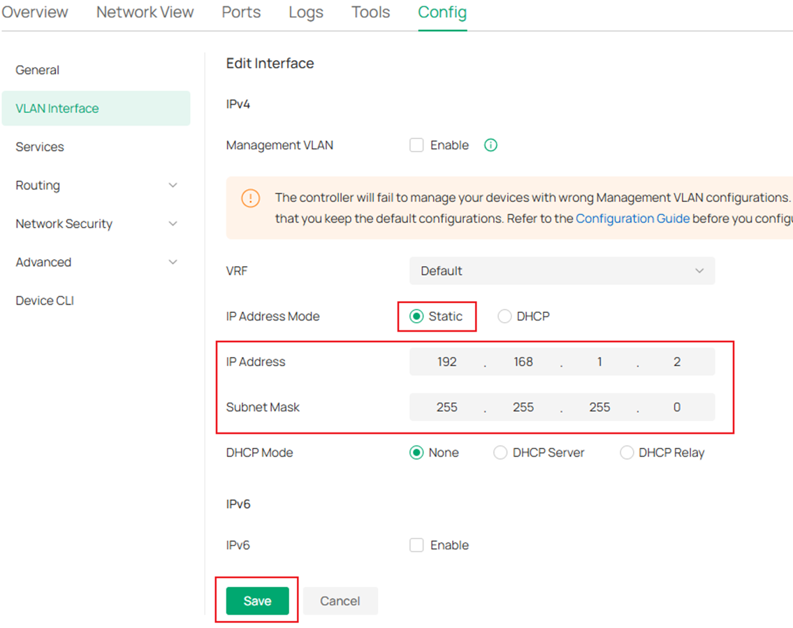 Show the switch VLAN interface static IP address configuration page.