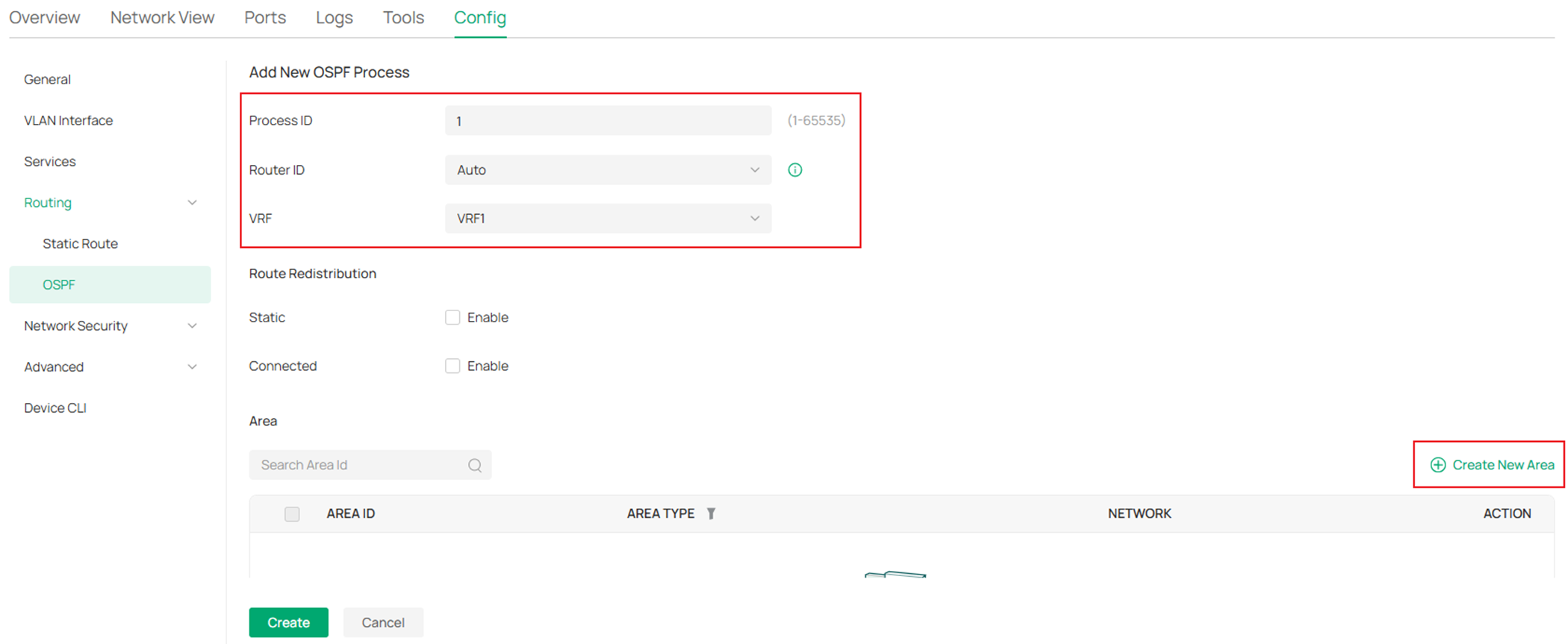 Show the switch OSPF configuration page.