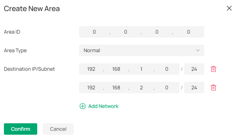 Show the switch OSPF new area configuration page.