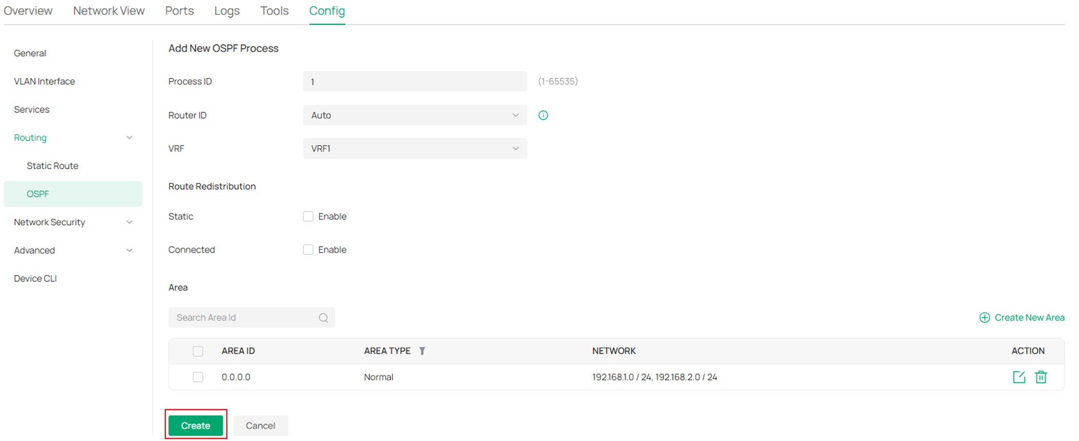 Show the switch OSPF configuration page.