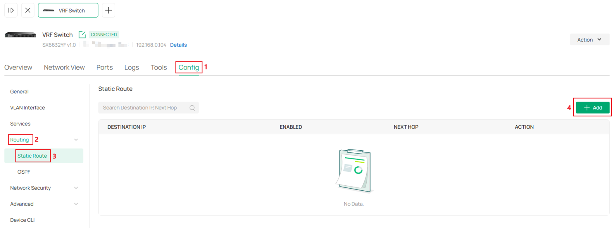 Show the process of entering switch static route configuration page.