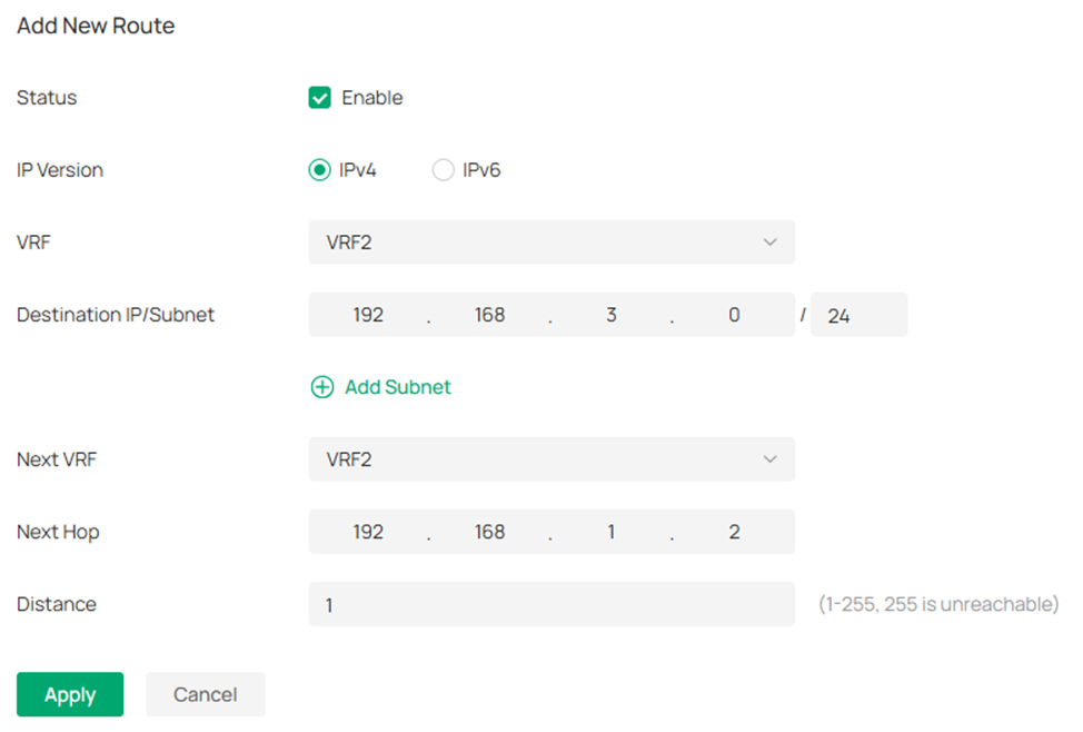 Show the switch static route configuration page.