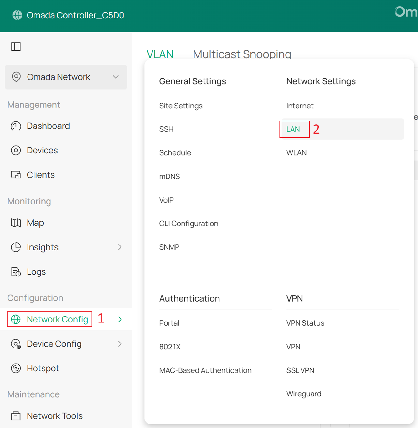 The location of LAN configuration page on the Controller Web UI.
