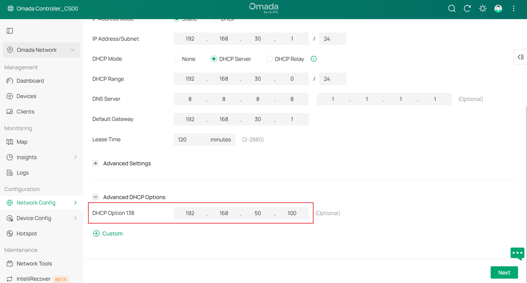 Setting DHCP Option 138.