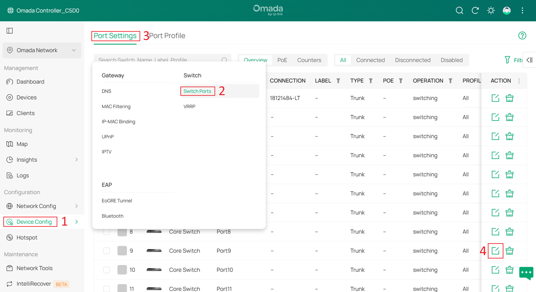 Go to edit the port that will connect to the Controller.