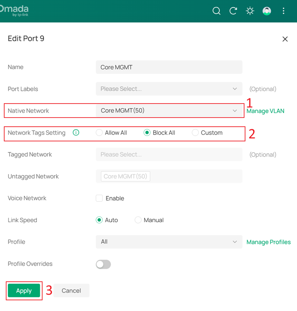 Set the Controller port to allow only Omada management traffic.