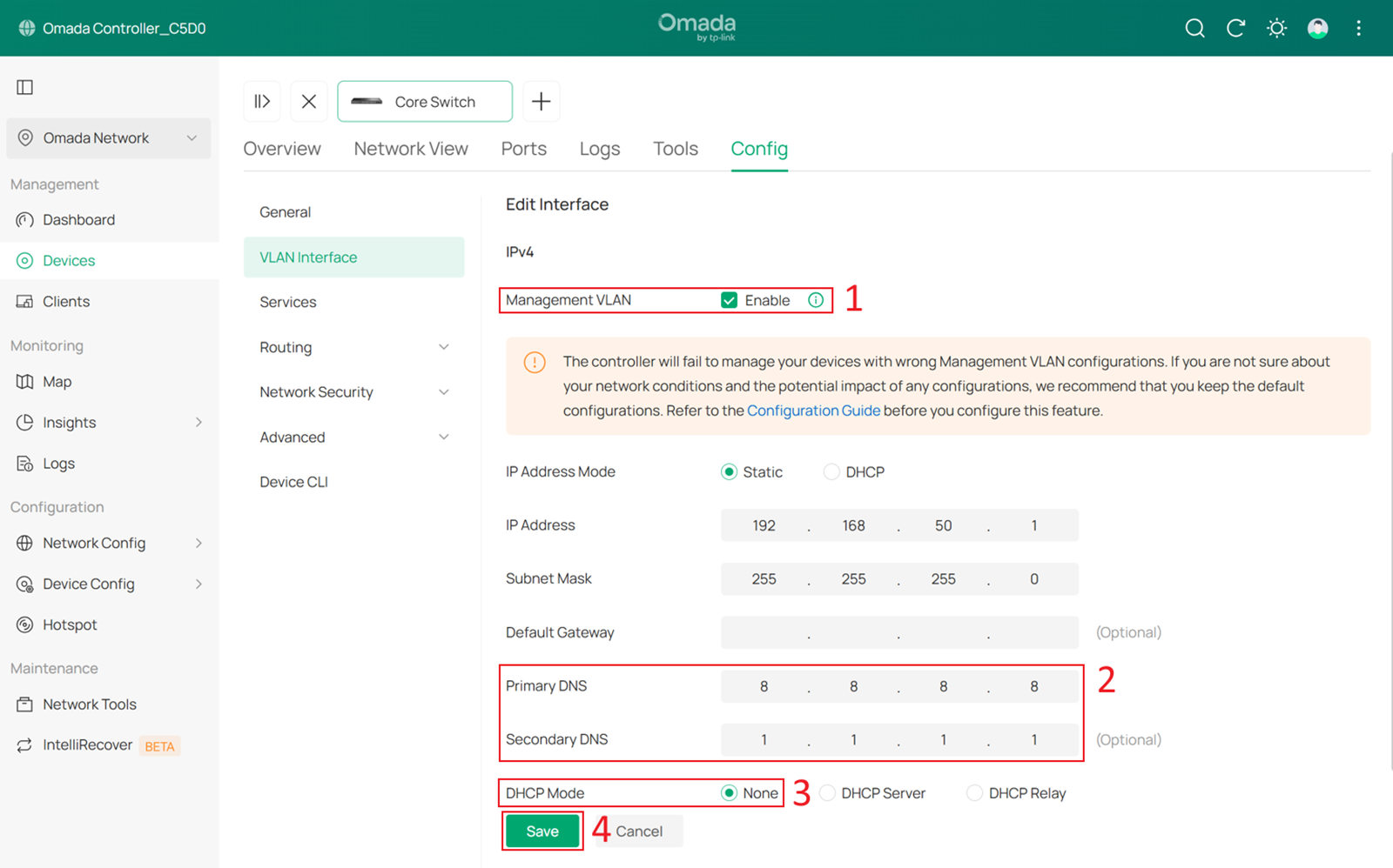 Setting VLAN 50 interface as Management VLAN.