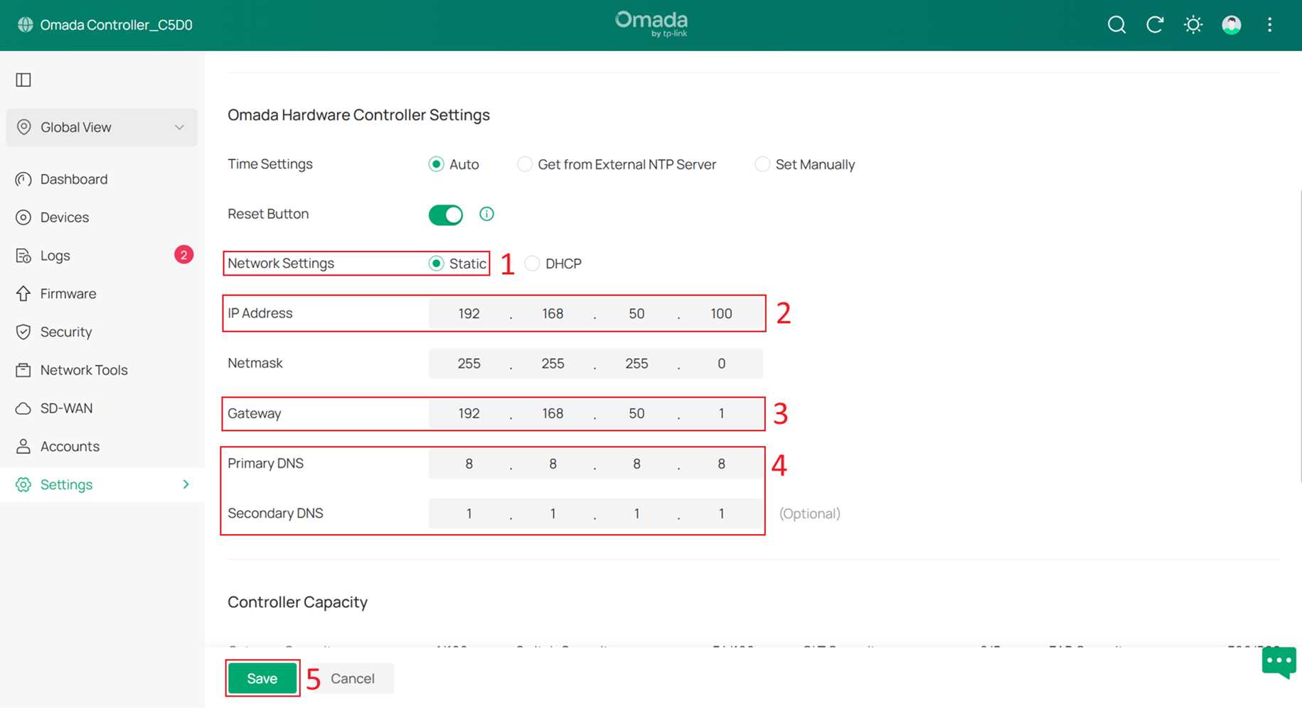 Setting the IP address of hardware controller.