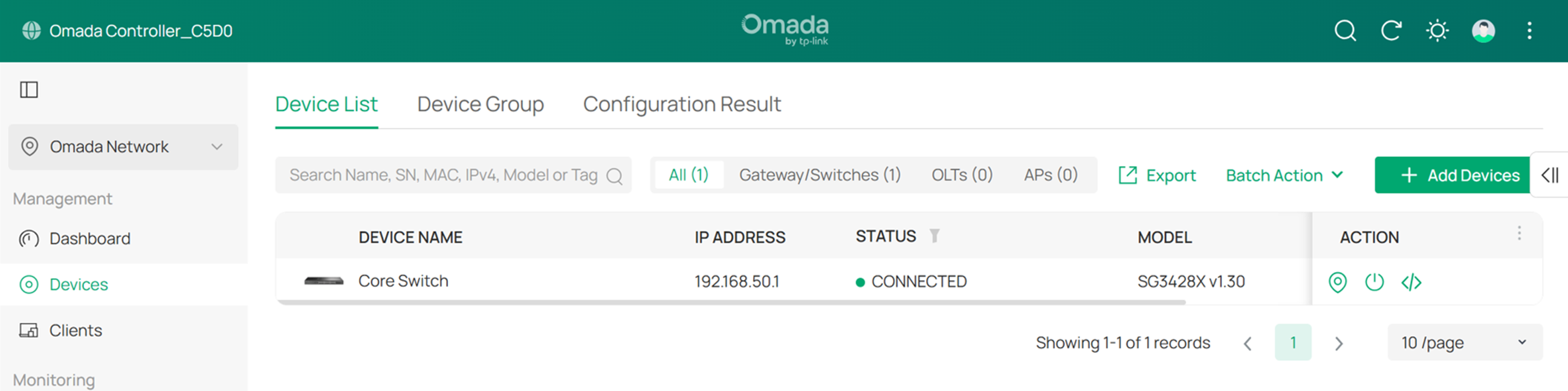 After changing the port to which the hardware controller is connected, the Core Switch status changed to Connected.