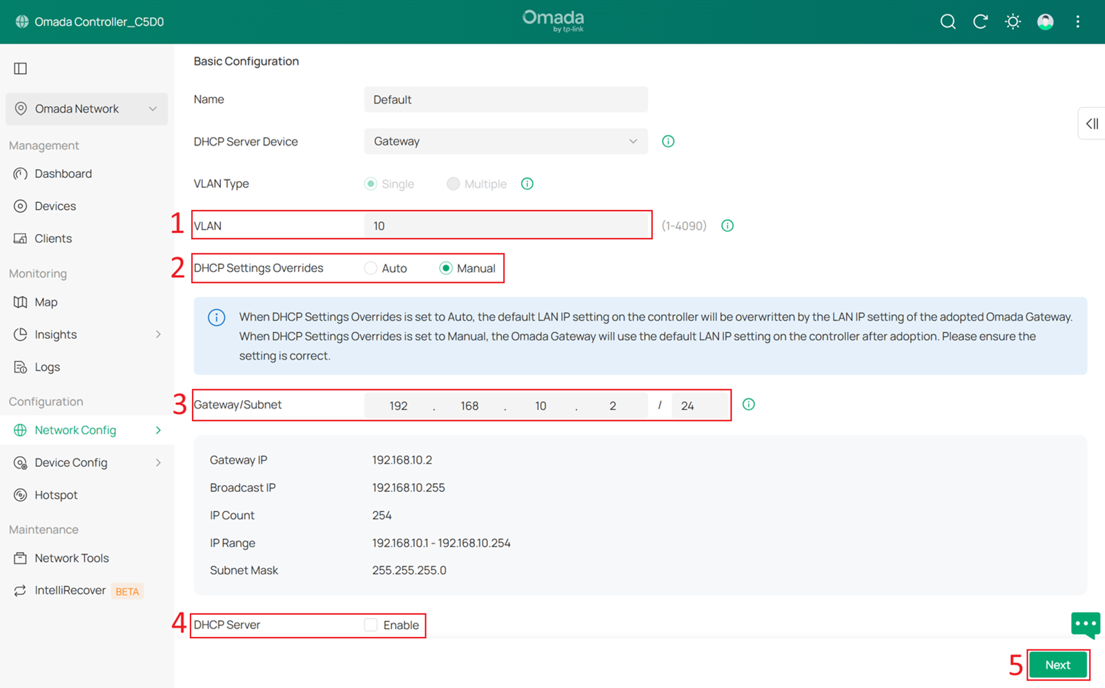 Setting the VLAN ID of Default Network to 10.