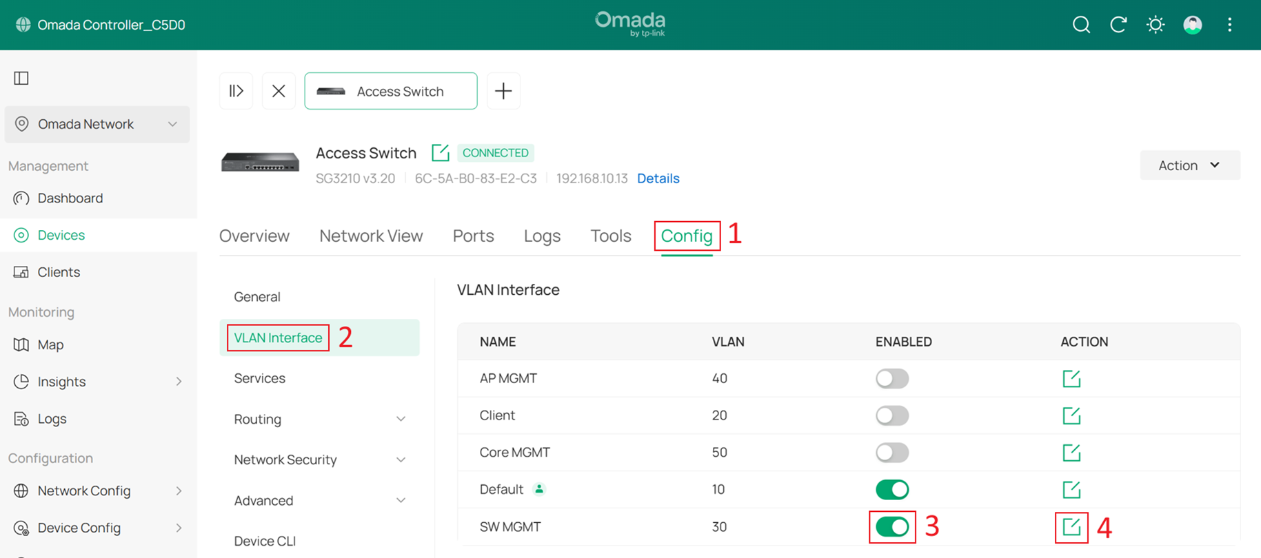 Enable and edit the VLAN interface of SW MGMT.