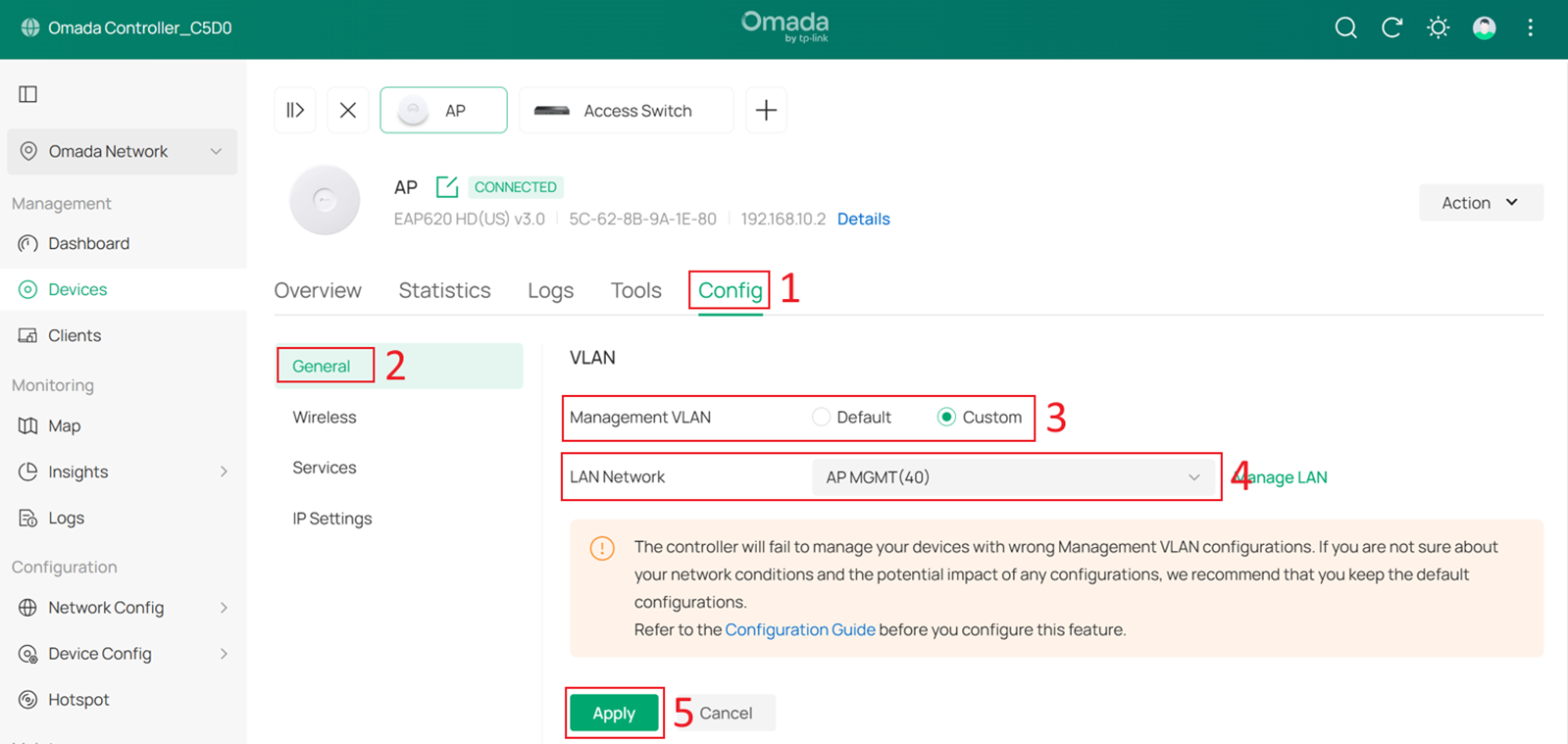 Edit the Management VLAN to AP MGMT (VLAN 40).