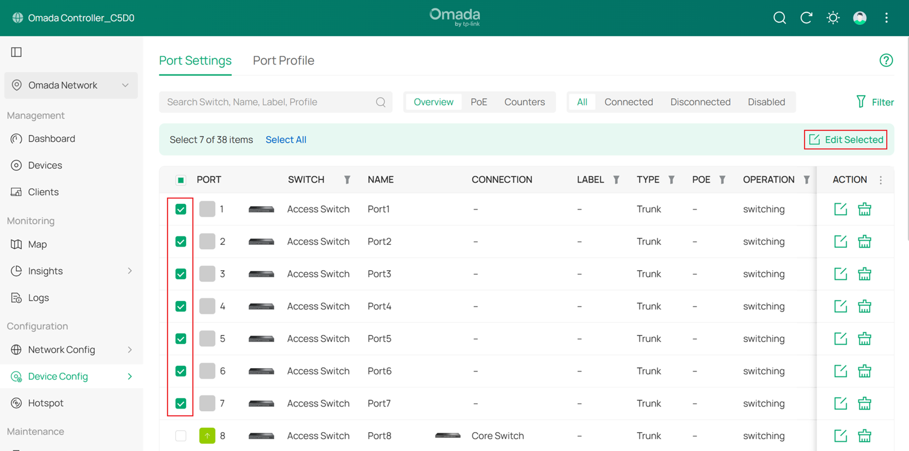 Select all client ports and edit them in bulk.