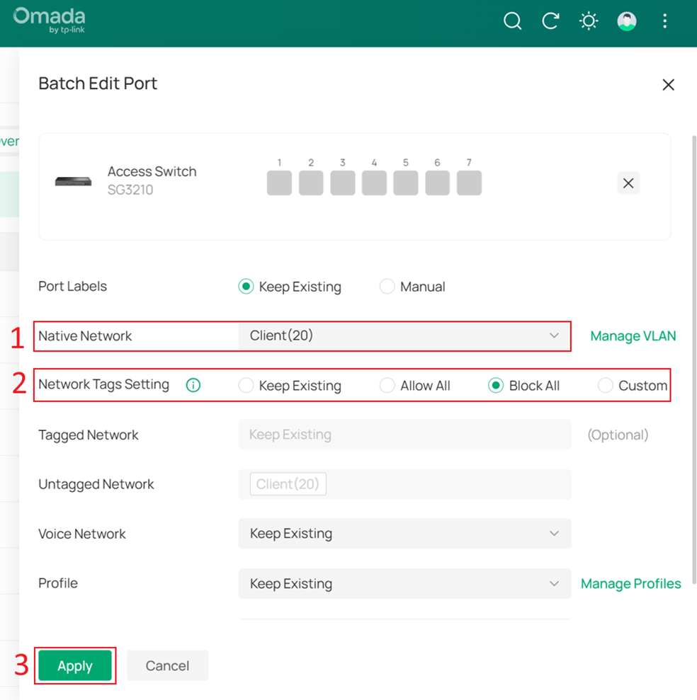 Set the client ports to allow only Client Network traffic.