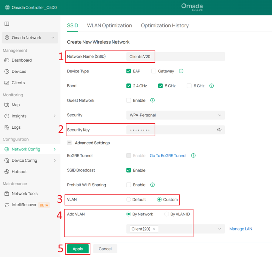 Setting VLAN of SSID for clients as Client Network (VLAN 20).