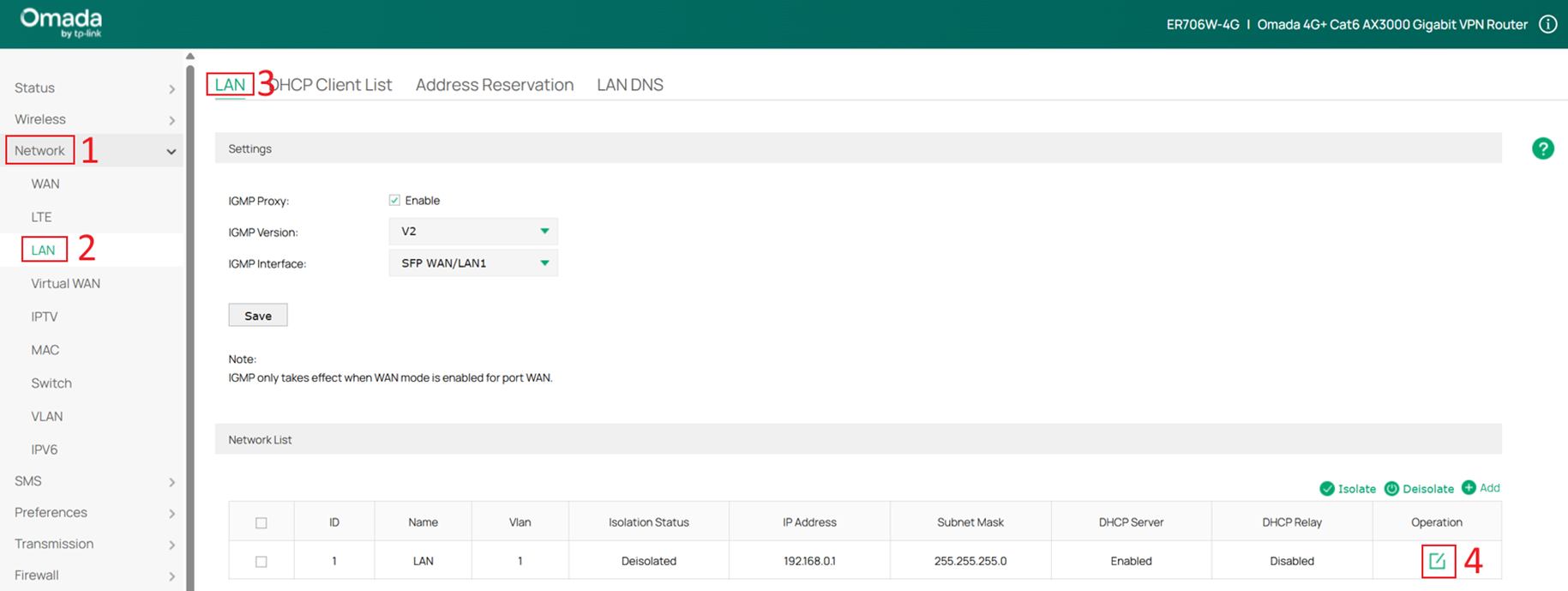 Edit the default LAN of the gateway.