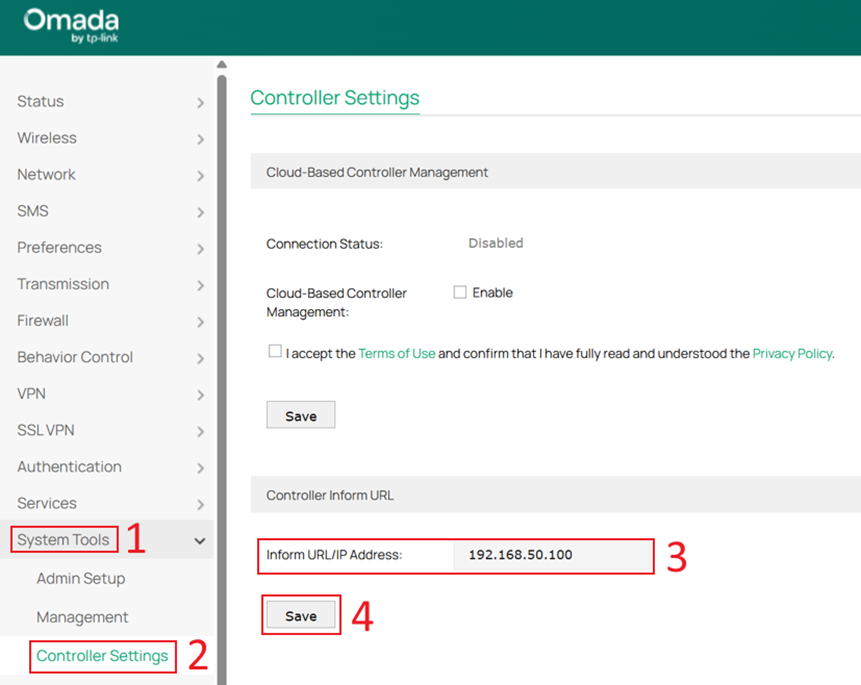 Configure the Inform URL/IP Address to allow the gateway to discover the Controller.
