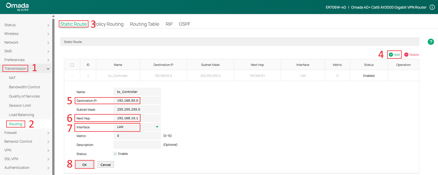 Configure a static route to ensure that the gateway can route traffic to the Controller.