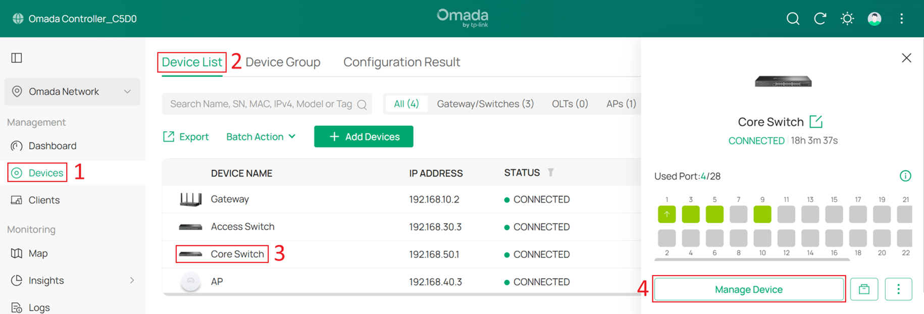 Go to the private configuration page of Core Switch.