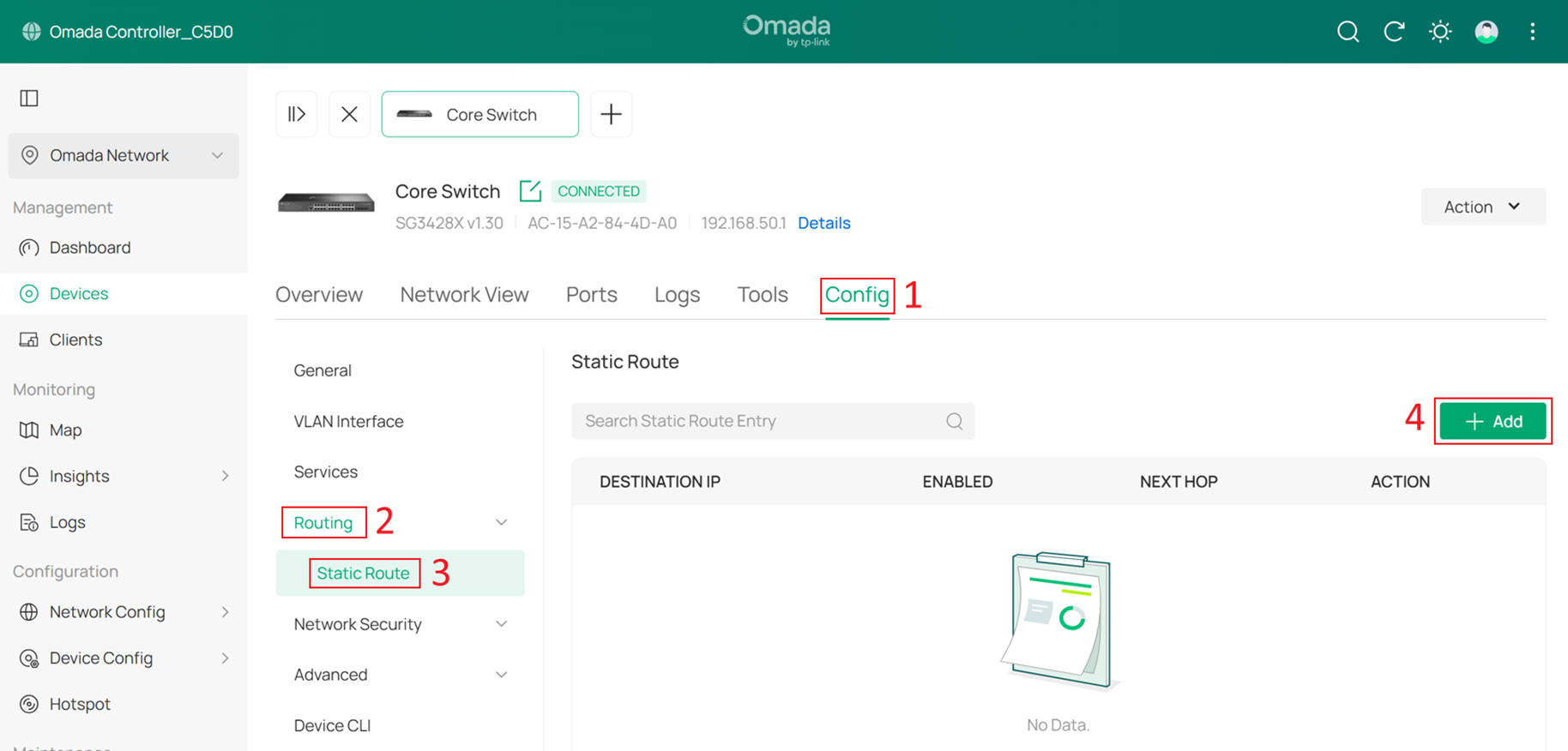 Add a static route to handle Internet traffic.