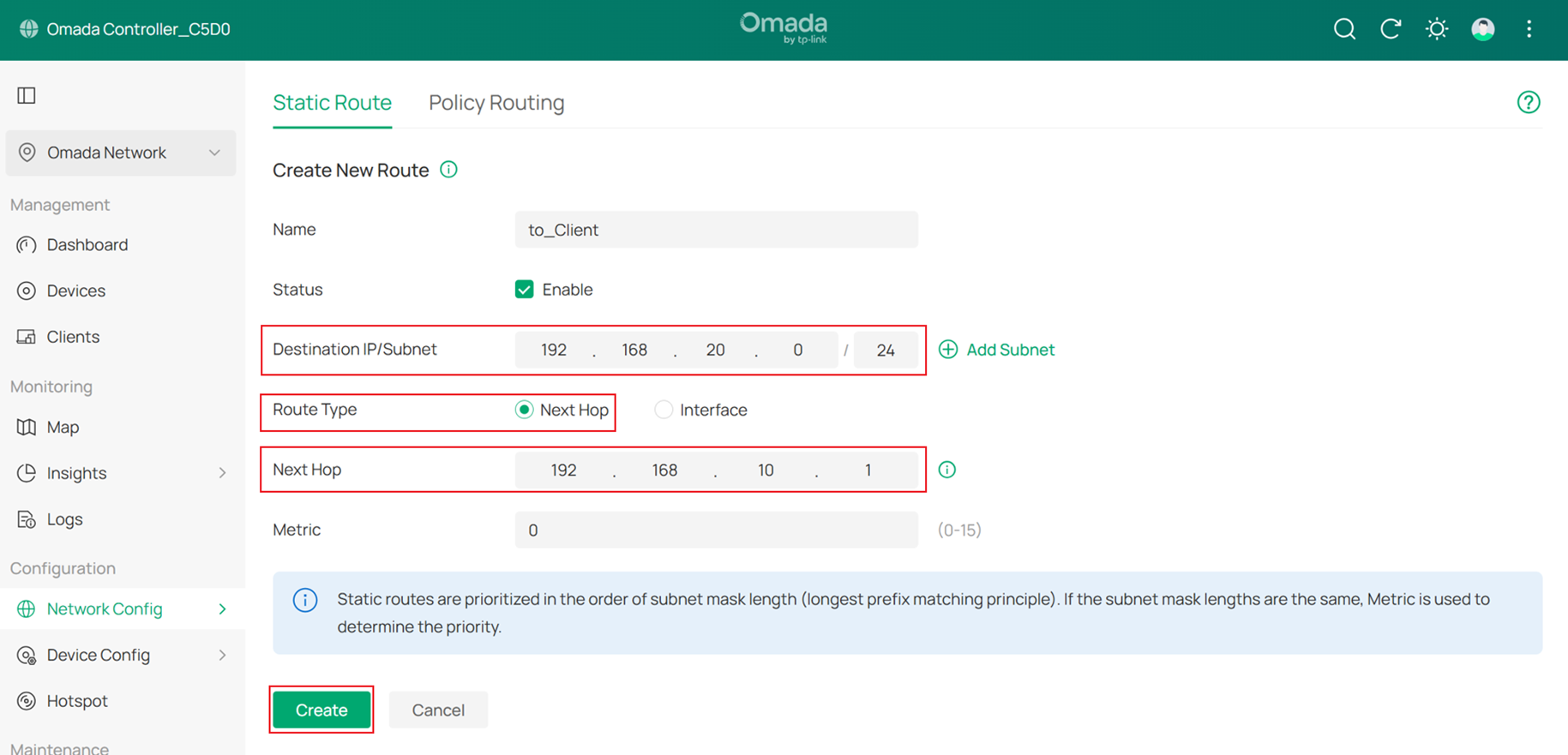 Configure a static route to ensure that the gateway can route reverse traffic to clients.